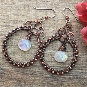 Rainbow moonstone wire wrapped copper earrings